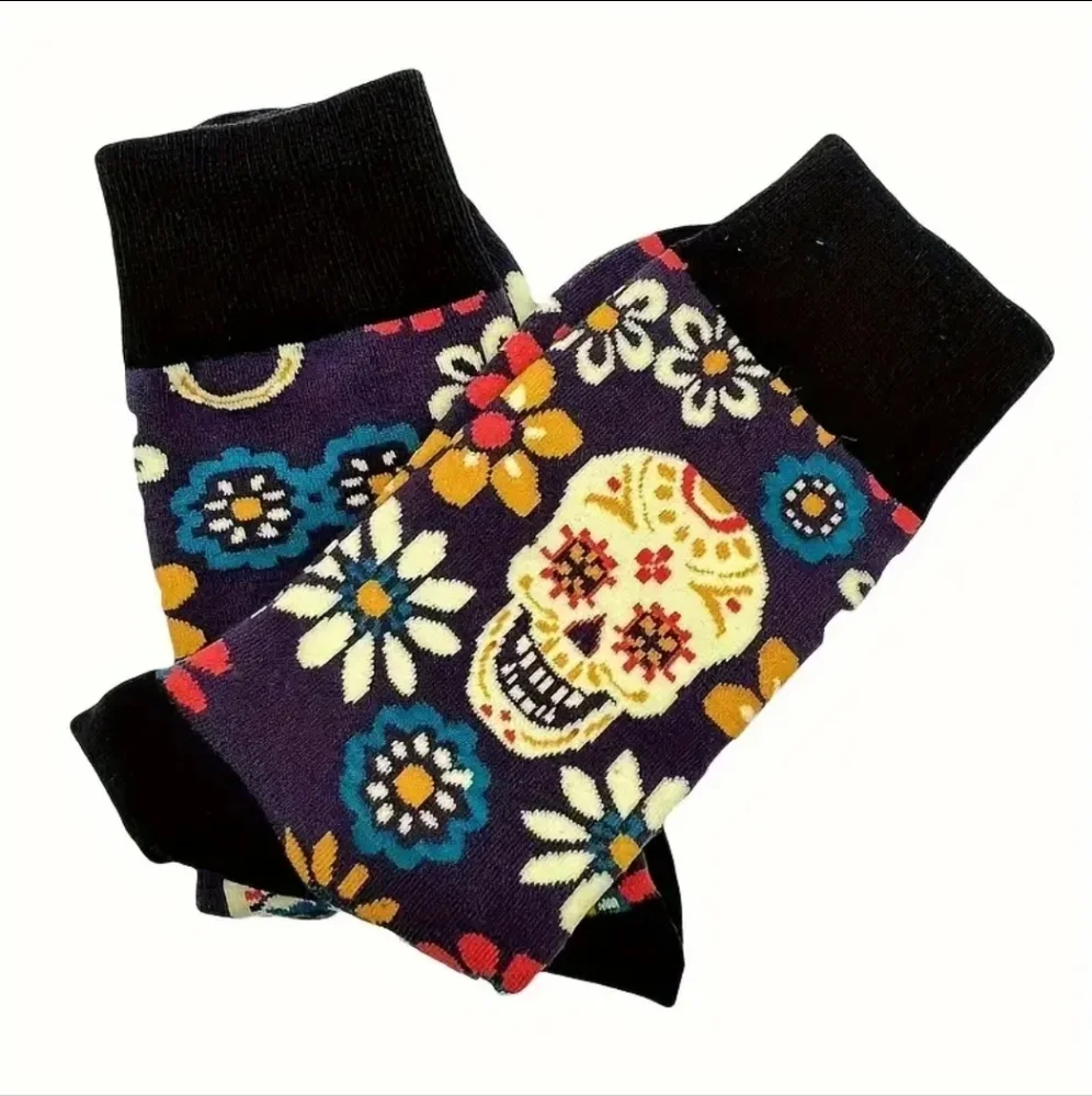 Floral Skull Pattern Mid-calf Cotton-blend Crew Casual Socks Unisex